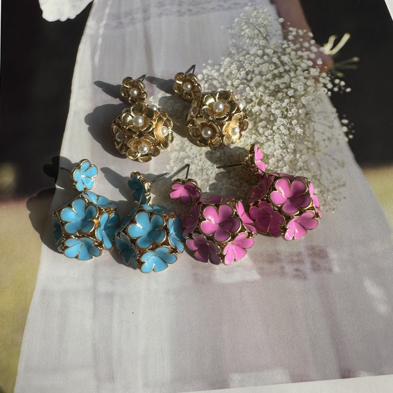 Oscar de la Renta Exquisite Enamel Hydrangea Metal Stud Earrings