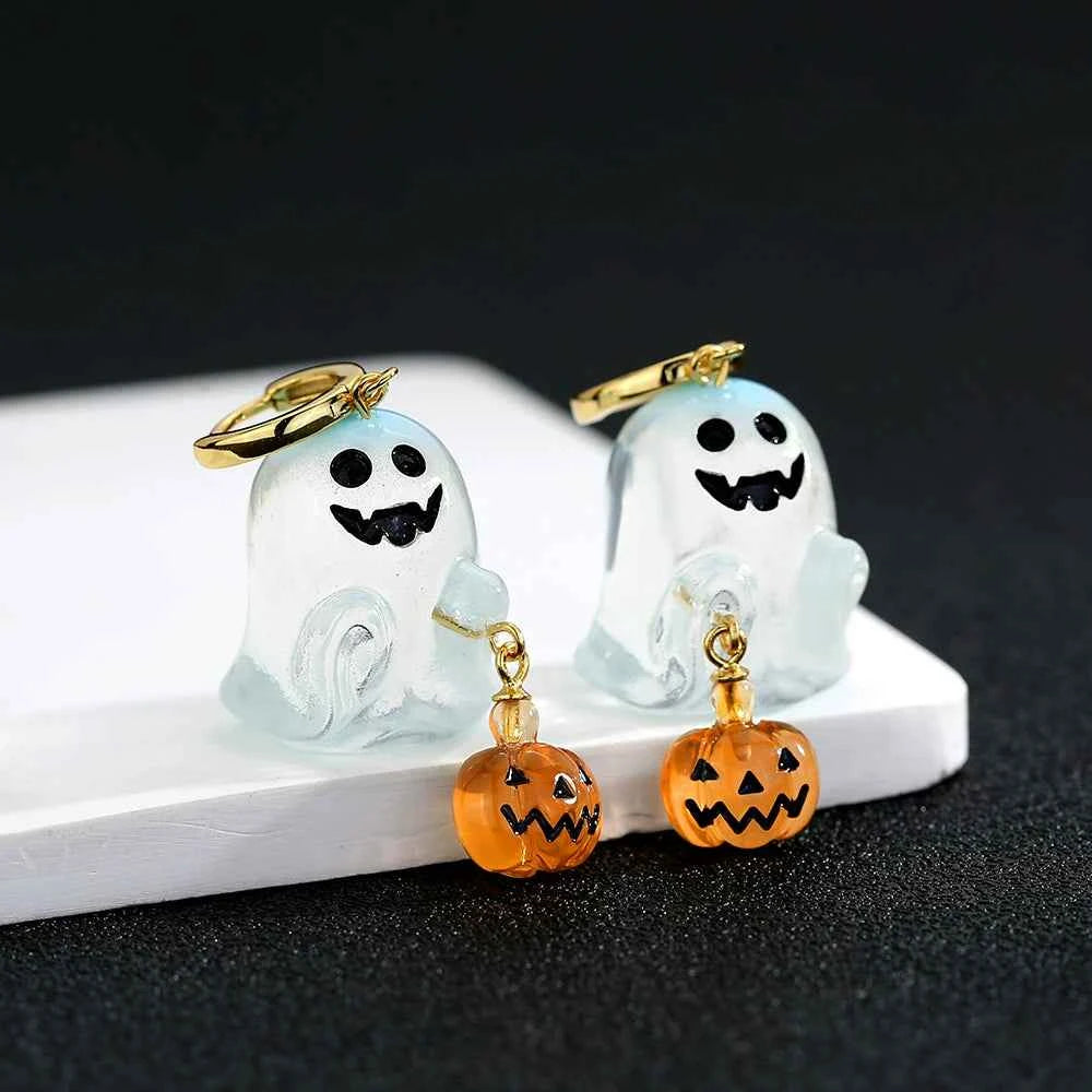 Halloween Hoop Earrings - S925 Sterling Silver with 3D Ghost & Pumpkin Charms
