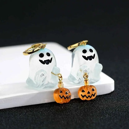 Halloween Hoop Earrings - S925 Sterling Silver with 3D Ghost & Pumpkin Charms