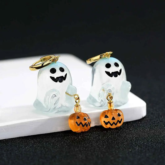 Halloween Hoop Earrings - S925 Sterling Silver with 3D Ghost & Pumpkin Charms