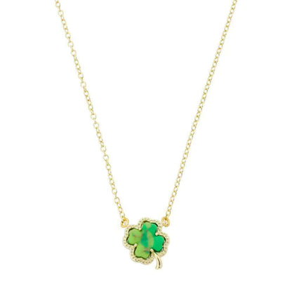 Gold-plated clover pendant necklace with green enamel on a gold chain