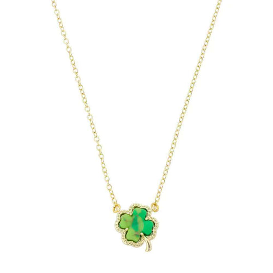 Gold-plated clover pendant necklace with green enamel on a gold chain