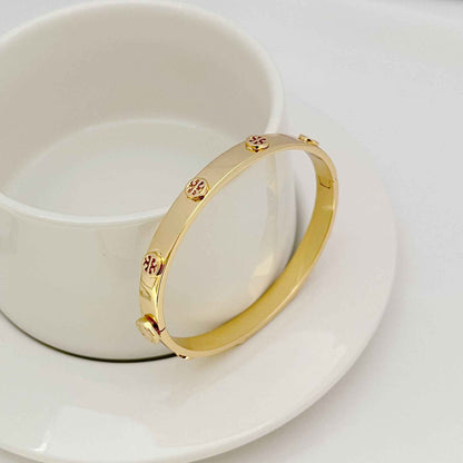 欧美时尚轻奢通勤小众设计镀18K金凸标精美气质金属手镯