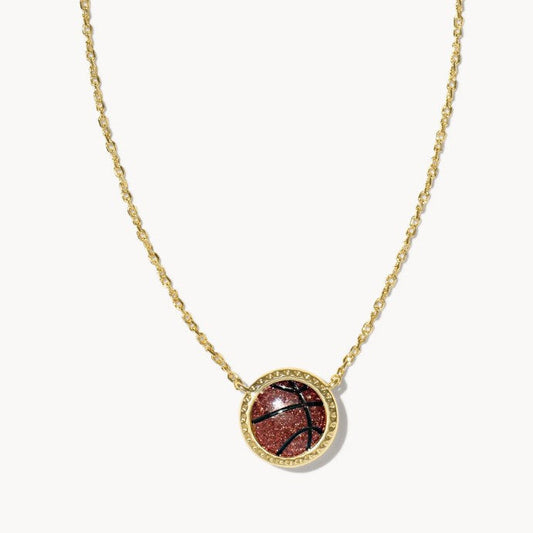 Gold-tone sports pendant necklace with basketball charm, round bezel