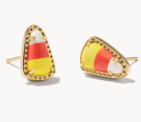 Gold-tone striped enamel teardrop stud earrings with red, yellow, and white sections