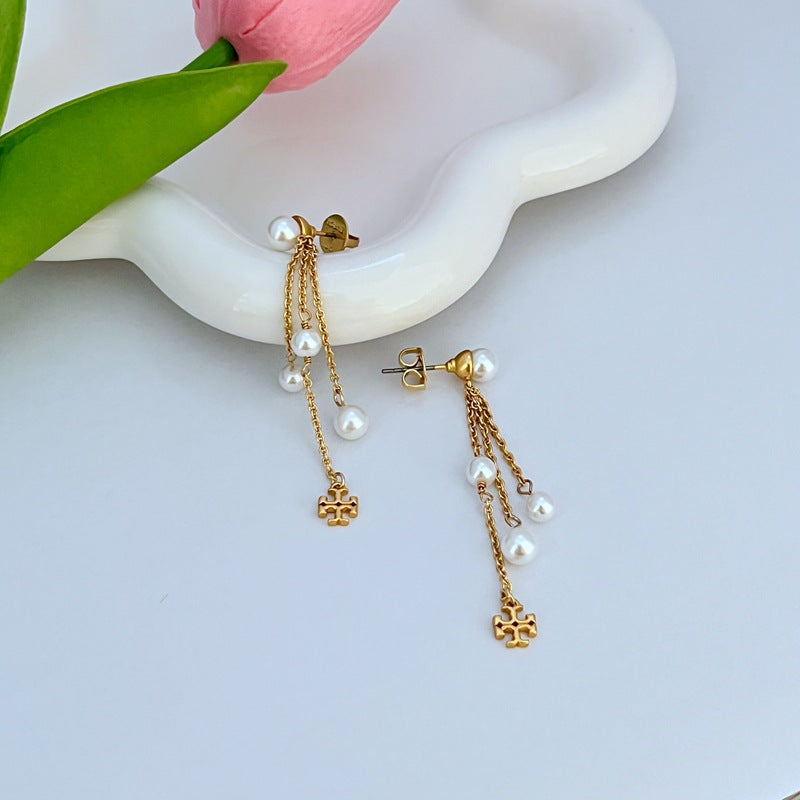 Tory Burch Pearl Chain Tassel Women's Metal Earrings