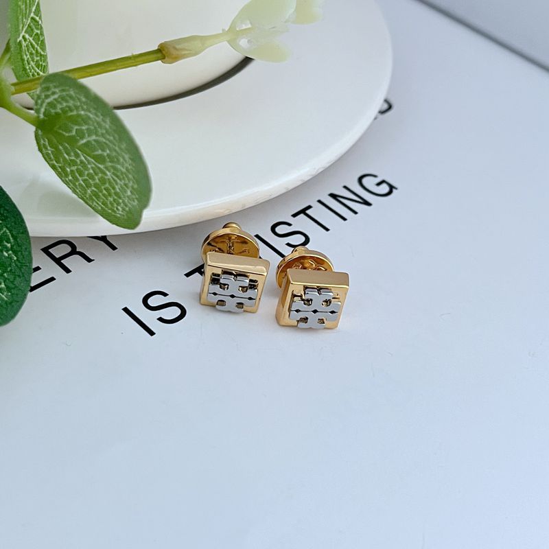 Pair of gold-tone square logo stud earrings with hinged post backs