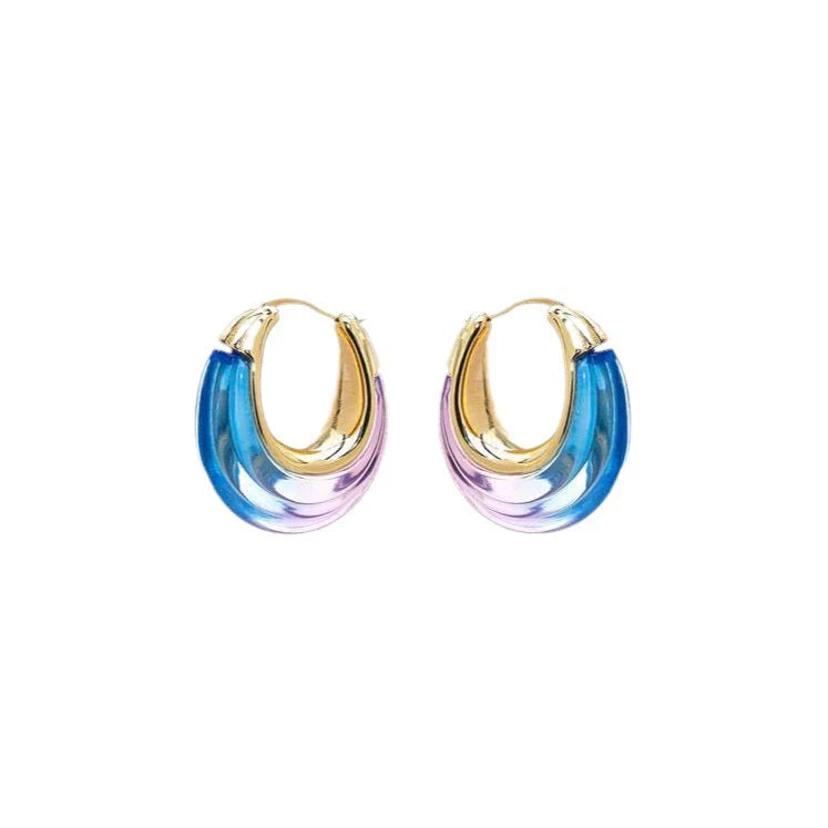 Ombré U-shaped hoop earrings, gold-tone edges; blue to purple resin gradient