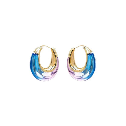 Ombré U-shaped hoop earrings, gold-tone edges; blue to purple resin gradient
