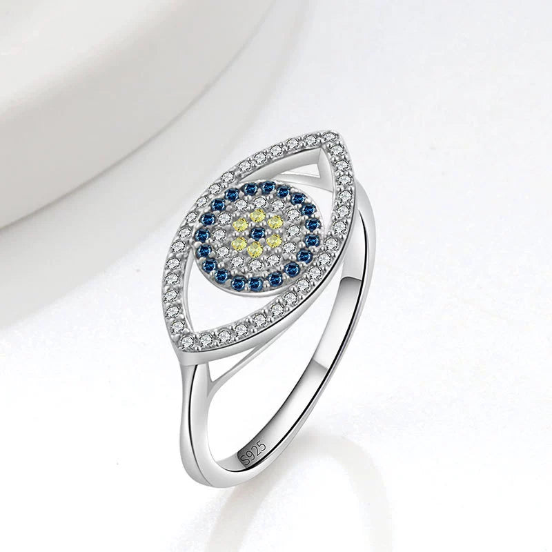 S925 sterling silver oval evil eye ring with blue CZ and clear crystal border
