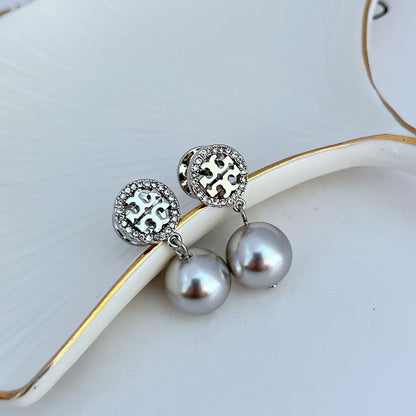 Tory Burch Diamond Round Logo Pearl Pendant Earrings