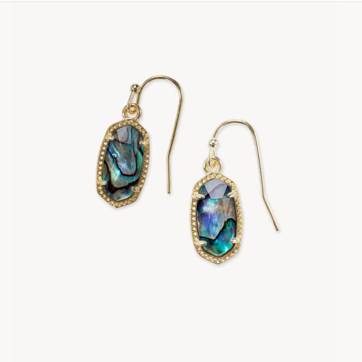 Gold-tone oval crystal drop earrings with hook backs and blue opal-style stones