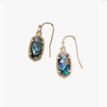 Gold-tone oval crystal drop earrings with hook backs and blue opal-style stones