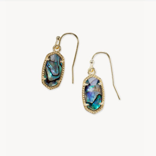 Gold-tone oval crystal drop earrings with hook backs and blue opal-style stones