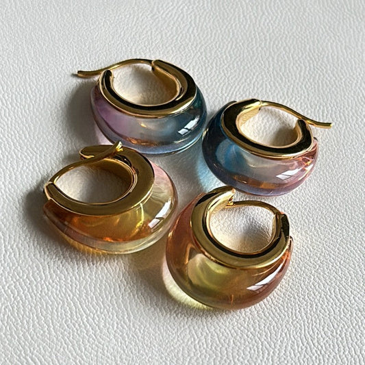 Set of Ombré U-shaped hoop earrings, gold-tone edges; mixed blue, pink, and yellow resin
