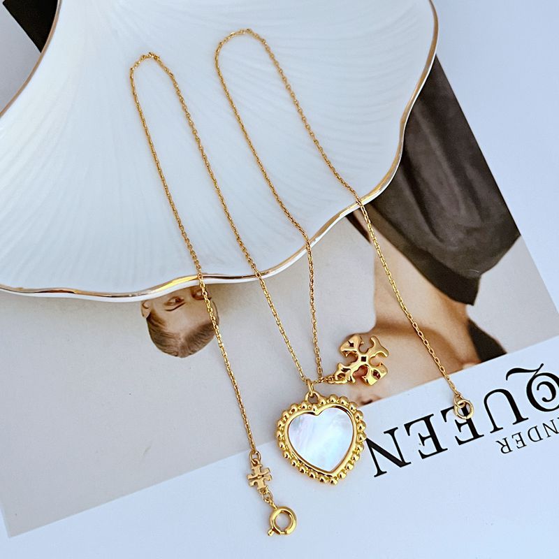 Tory Burch Natural Shell Inlaid Heart Pendant Necklace Women