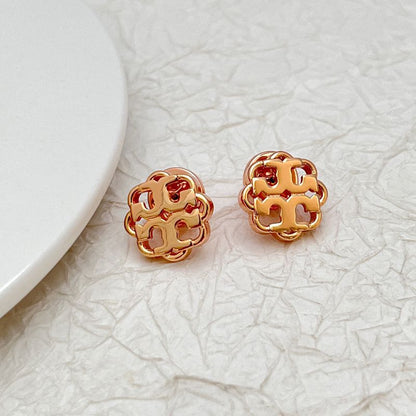Tory Burch Minimalist Openwork Floral Logo Metal Stud Earrings