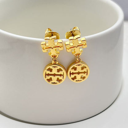 Tory Burch 18K Gold Plated Round Openwork Logo Pendant Earrings