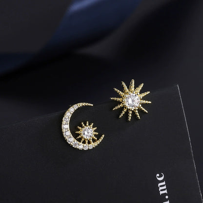 Crescent moon and star diamond earrings in gold tone with pavé sparkle
