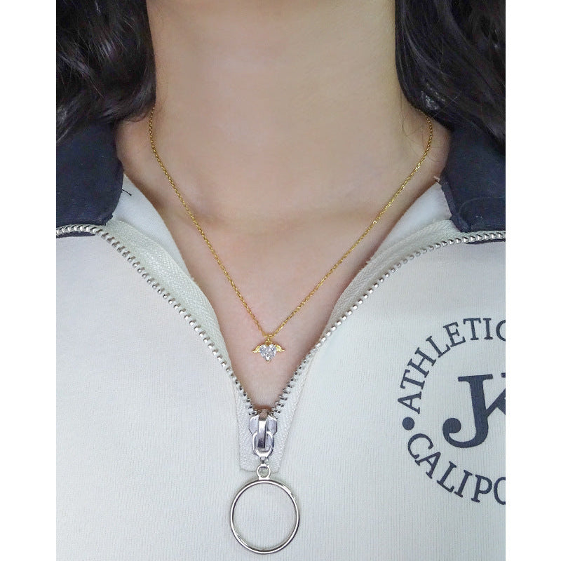 S925 Silver Angel Wing Heart CZ Pendant Necklace