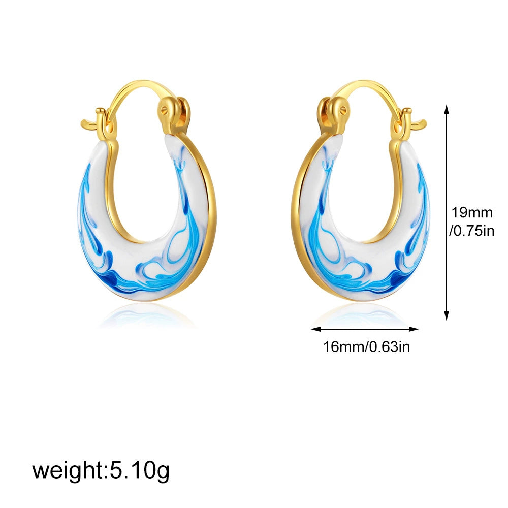 Small gold hoop earrings with blue marbled teardrop inlay, 19mm