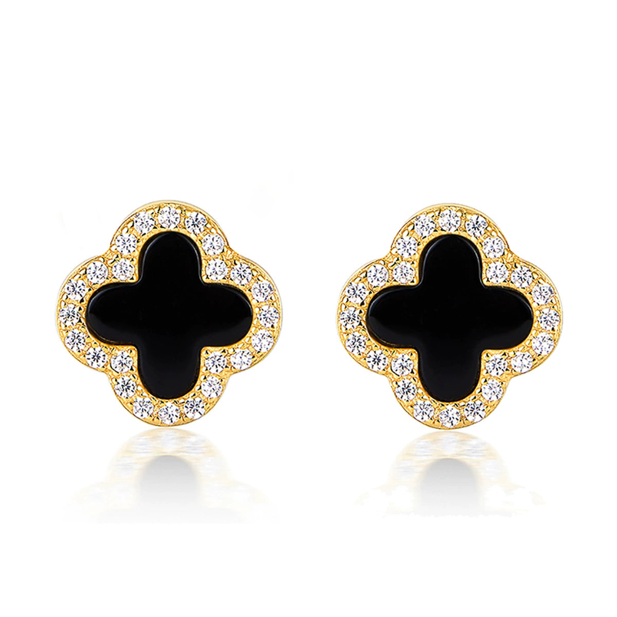 Gold-tone four-leaf clover earrings with black onyx and clear pavé stones