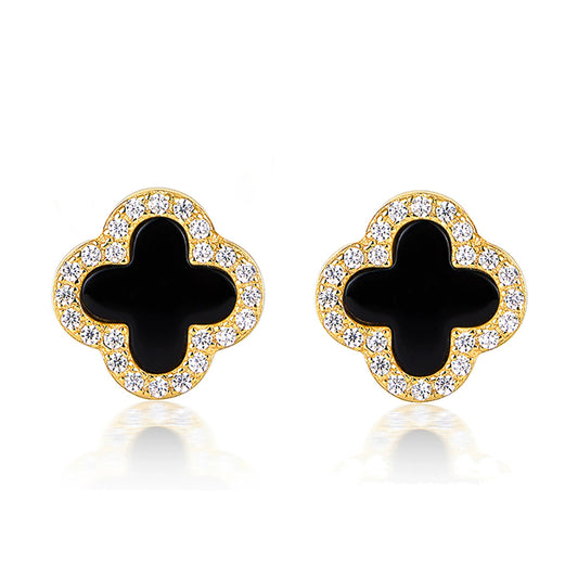 Gold-tone four-leaf clover earrings with black onyx and clear pavé stones