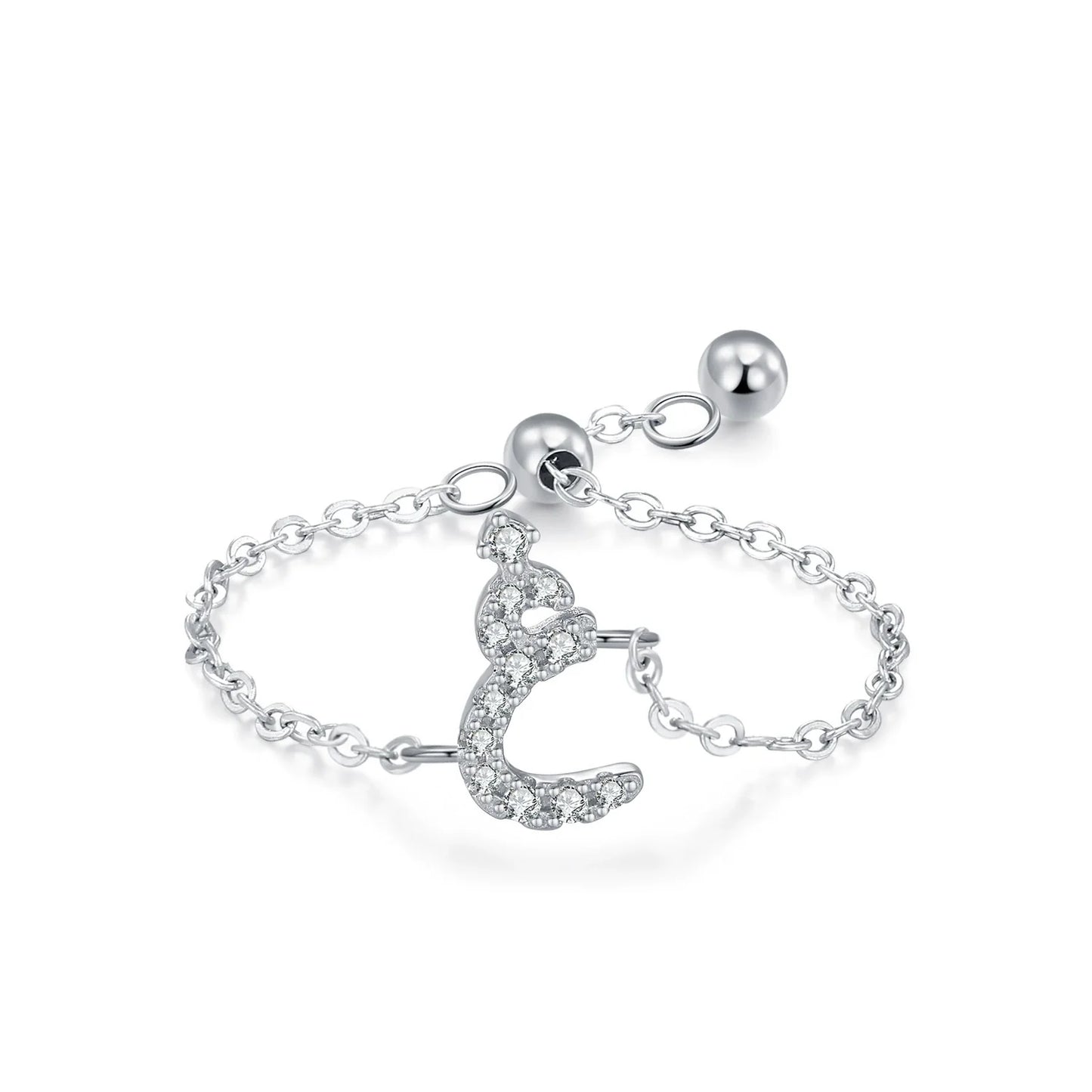 Adjustable silver pavé Arabic letter ring with CZ stones, angled letter centerpiece on chain