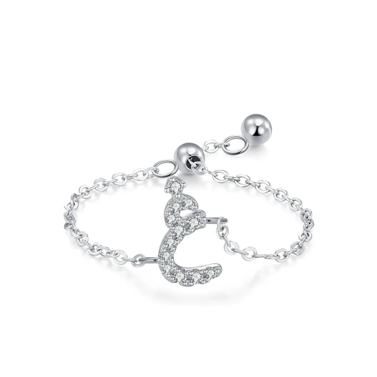 Adjustable silver pavé Arabic letter ring with CZ stones, angled letter centerpiece on chain
