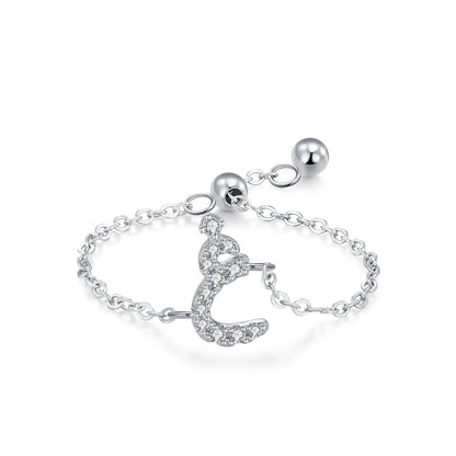 Adjustable silver pavé Arabic letter ring with CZ stones, angled letter centerpiece on chain