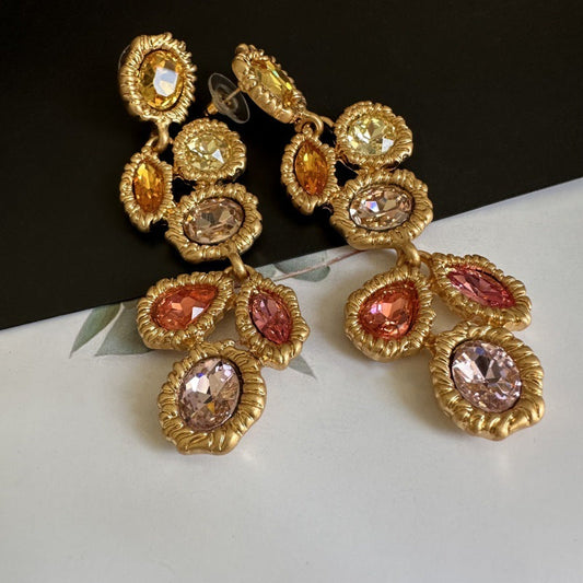 Oscar de la Renta Long Vintage Multi-Colored Crystal Earrings