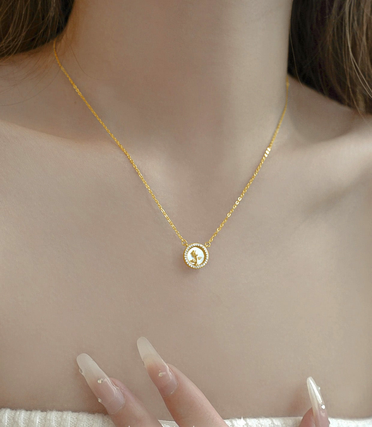 S925 Silver Rose and White Mother-of-Pearl Necklace - Holiday Gift