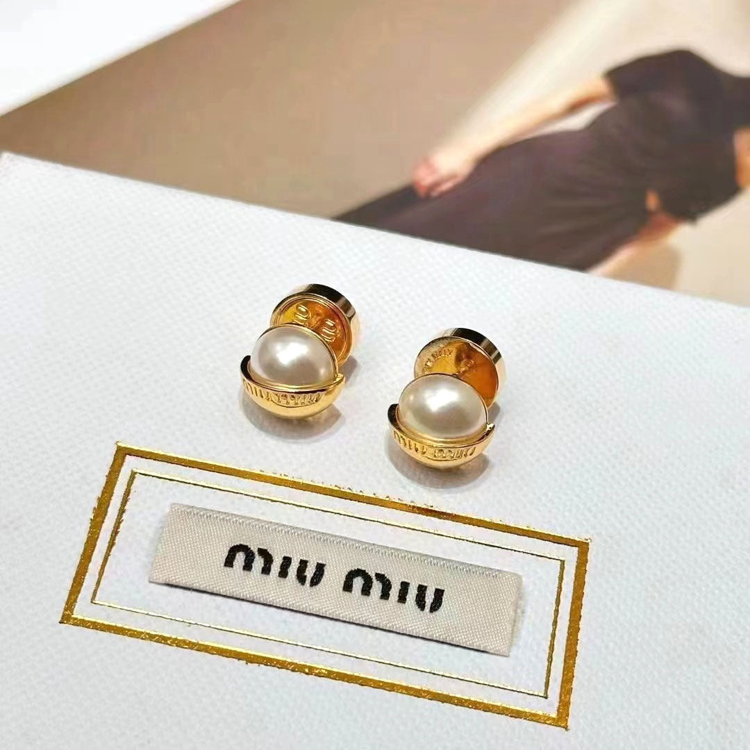Miu Miu Half-Circle Metal Half-Pearl Two-Tone Stud Earrings