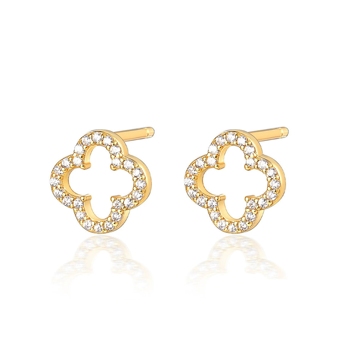 Gold-tone clover earrings with openwork four-leaf design and clear pavé stones