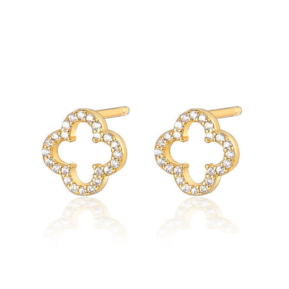 Gold-tone clover earrings with openwork four-leaf design and clear pavé stones