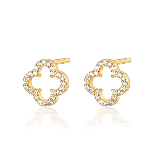 Gold-tone clover earrings with openwork four-leaf design and clear pavé stones
