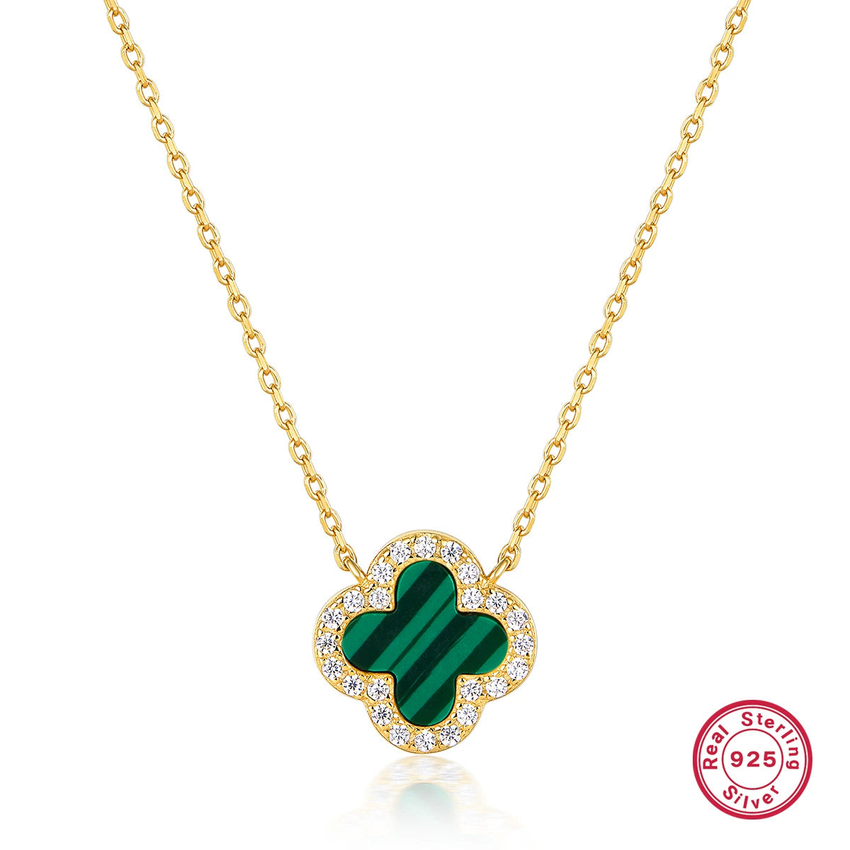 Gold four-leaf clover pendant necklace with green malachite center and white crystal border