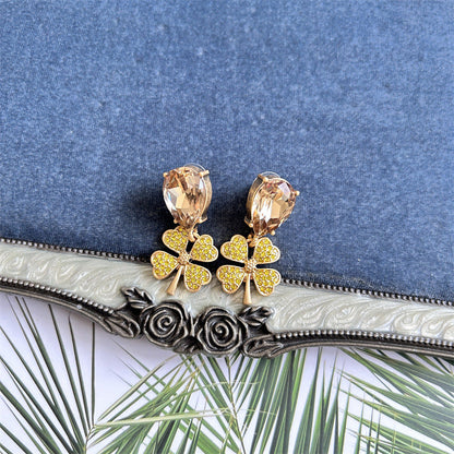 Oscar de la Renta Vintage Full Diamond Four-Leaf Clover Earrings