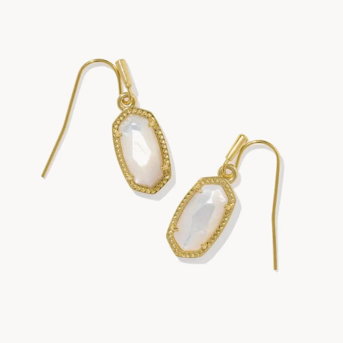 Gold-tone oval crystal drop earrings with hook backs and bezel-set white stones