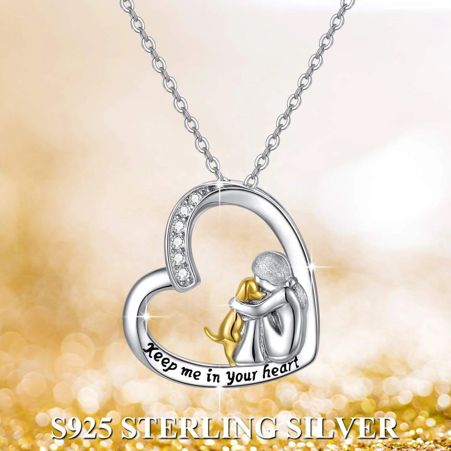 Heart pendant necklace with mother holding child, “Keep me in your heart” and crystal border