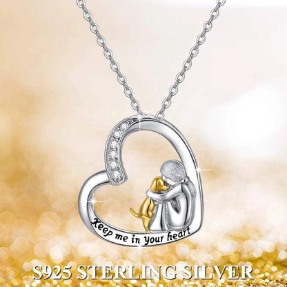 Heart pendant necklace with mother holding child, “Keep me in your heart” and crystal border