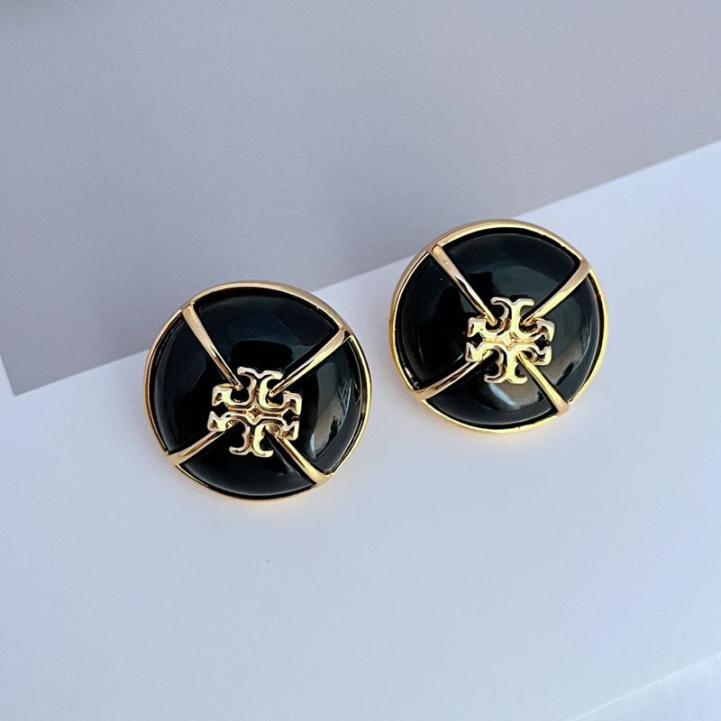 Tory Burch black enamel button stud earrings with gold-tone emblem in round bezel