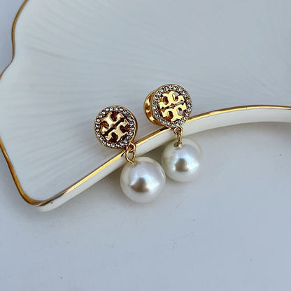 Tory Burch Diamond Round Logo Pearl Pendant Earrings