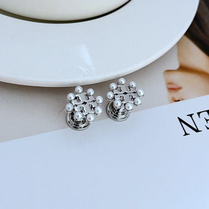 Silver-tone pearl openwork metal stud earrings with clustered faux pearls