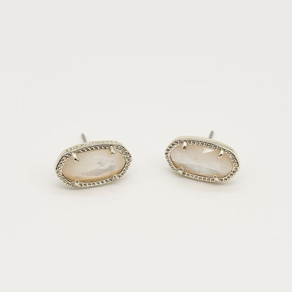 Kendra Scott oval gemstone stud earrings with pale pink crystal in silver-tone bezel setting