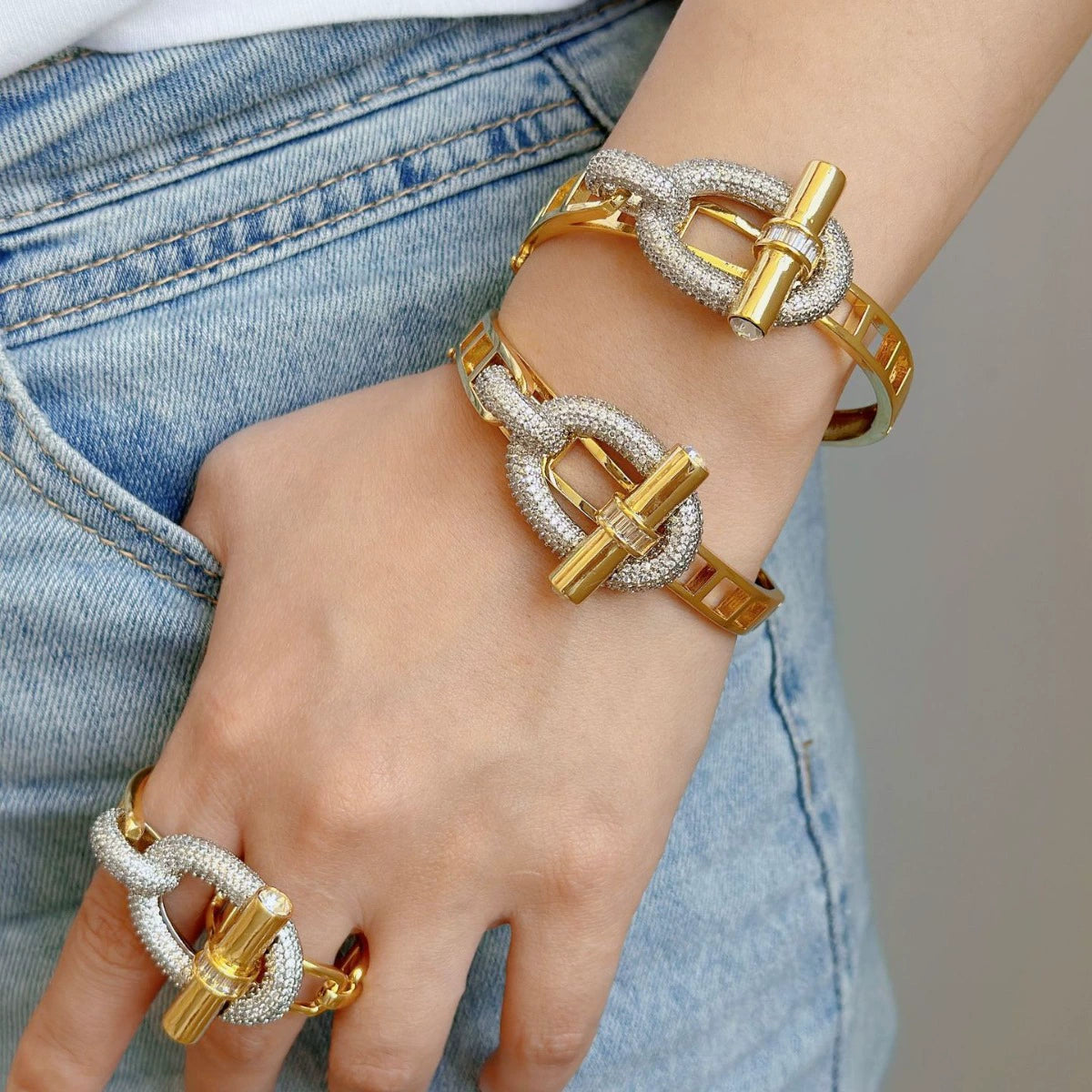 Pig nose horizontal bar ring bracelet set inlaid zircon bracelet ring women