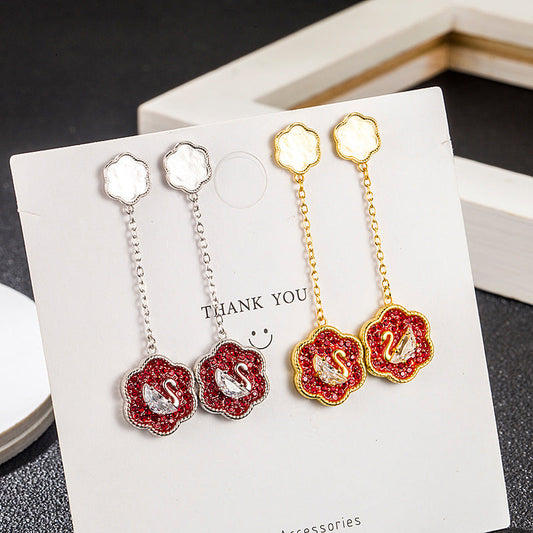 Swarovski S925 Sterling Silver Red Swan Tassel Earrings