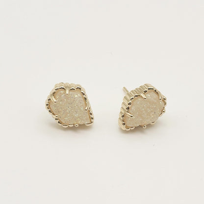 Pair of irregular rhombus stud earrings with druzy white stone and gold-tone scalloped bezel