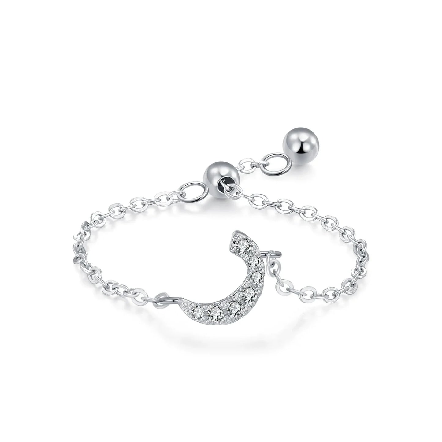 Silver Arabic letter pavé chain ring with pavé CZ letter charm, showing side view