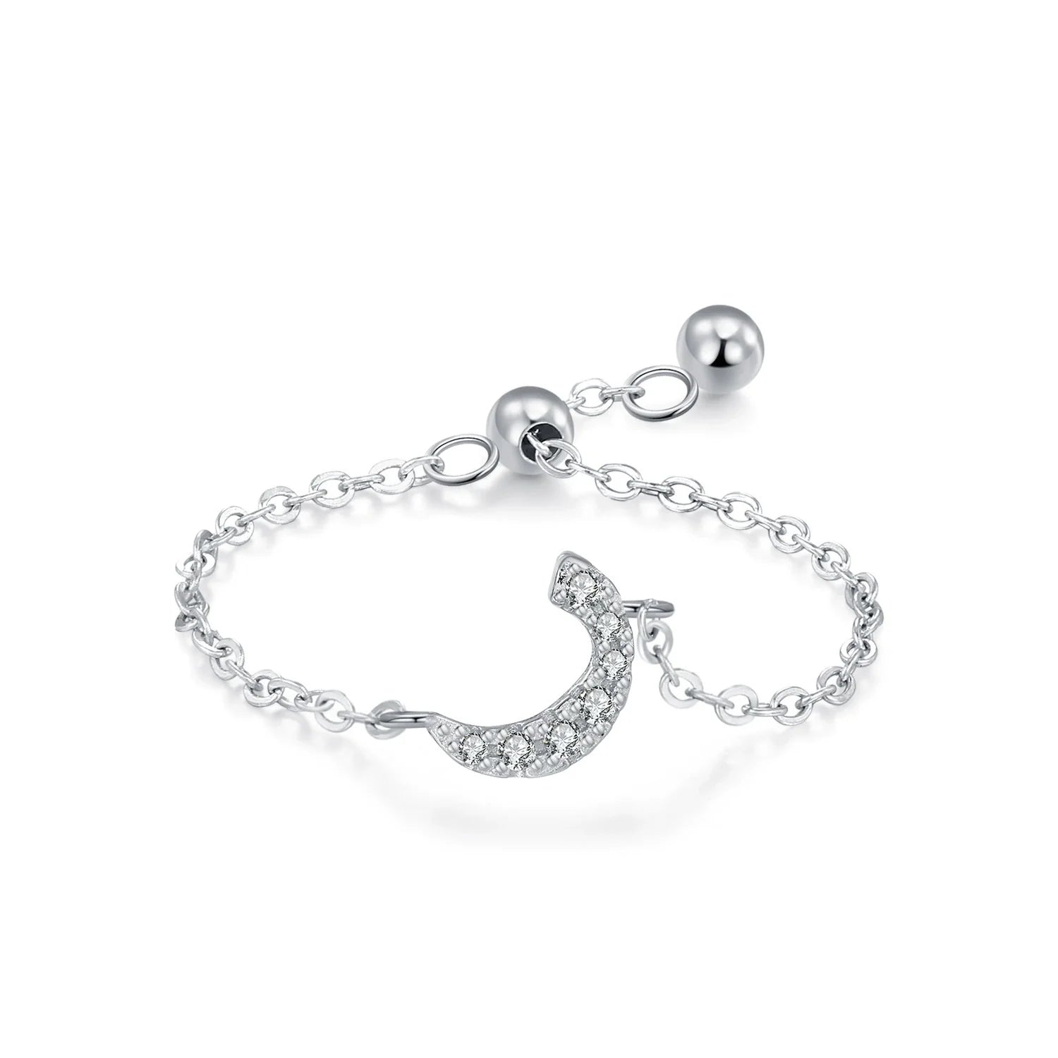 Silver Arabic letter pavé chain ring with pavé CZ letter charm, showing side view